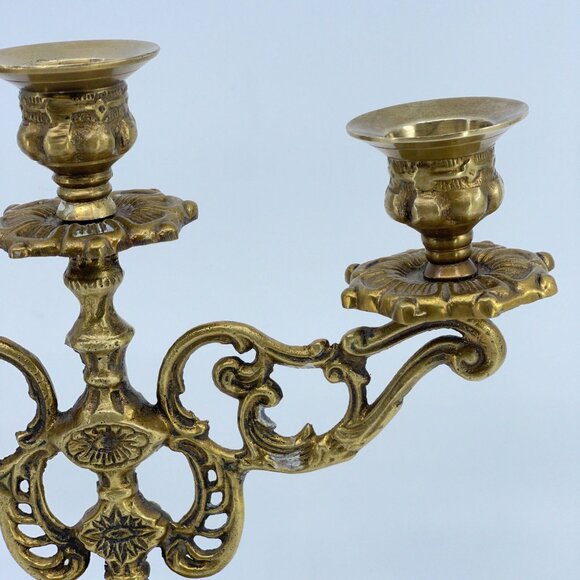 vintage ornate brass 3-arm candle candelabra holder with intricate details - Picture 4 of 7